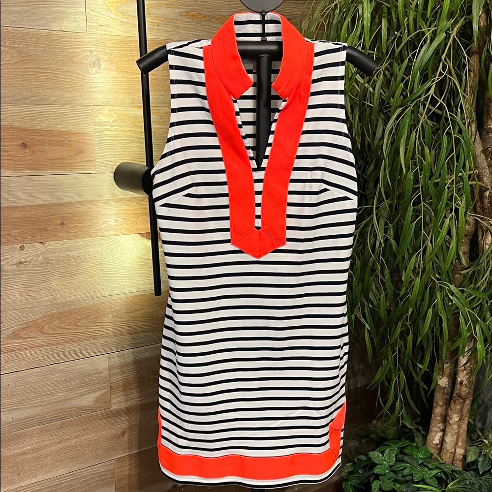 Sail to Sable Black & White Striped Sleeveless Mini Dress with Red Trim